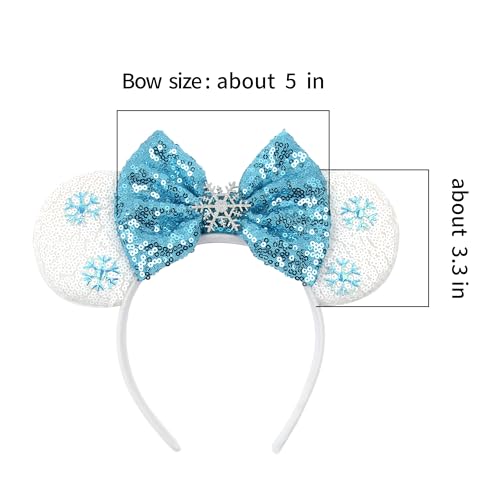 Bianbaistar Snowears Velvet Headband with Big Ears & Blue Bow - Winter Snowflake Sequin Accessory for Women & Kids