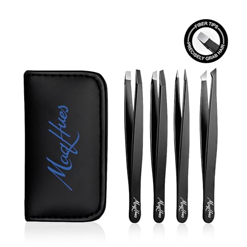Fiber Tip Eyebrow Tweezers Set for Women & Men, 4 Pcs Professional Stainless Steel Tweezer Kit with Slant, Pointed, Flat & Pointed-Slant Tips for Facial Hair & Eyebrow Removal (Black)
