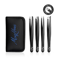 Fiber Tip Eyebrow Tweezers Set for Women & Men, 4 Pcs Professional Stainless Steel Tweezer Kit with Slant, Pointed, Flat & Pointed-Slant Tips for Facial Hair & Eyebrow Removal (Black)