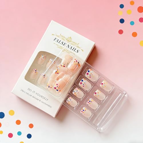 Colorful Polka Dot Press On Nails Short Square – GCSQW 24Pcs Reusable French Dots Design