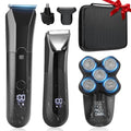 Beard Trimmer for Men Groin & Body Hair Trimmer, Nose & Ear Clipper Head Razors for Bald Men, 5 in 1 Waterproof Manscape Kit with Travel Case, LED Display, Grooming Kit Gift for Him