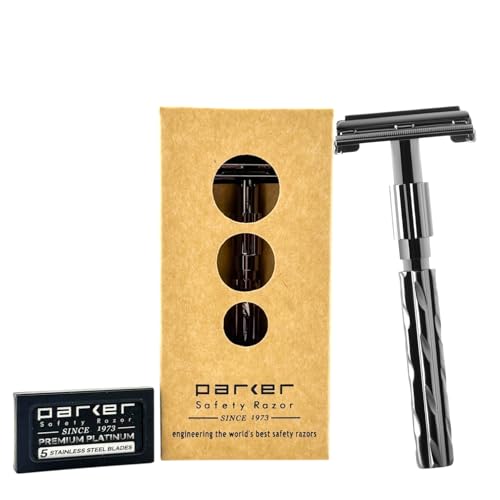 Parker 22R Long Handle Safety Razor ? Gunmetal Twist-to-Open Butterfly Design, Heavyweight Brass Frame with Knurled Grip | Includes 5 Platinum Double Edge Blades | Iconic Brandd