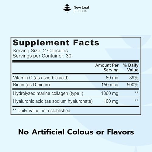 Marine Collagen Supplements with Hyaluronic Acid & Biotin - 60 Capsules for Skin Hair Nails