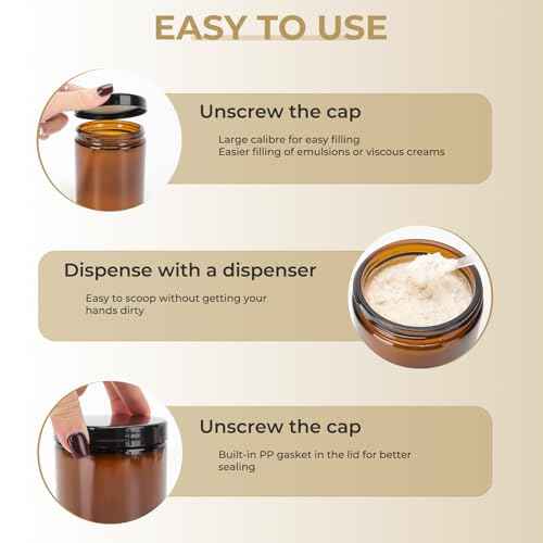 12 Pack 8 oz Amber Round Glass Jars, 240 g Empty Cosmetic Containers with Inner Liners, Black Plastics Lids Glass Jars with Lables for Cosmetics, Face Cream, Lotion, Ointments and DIY Candle