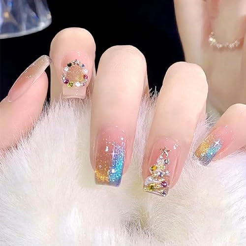 TUOKAY Merry Christmas Press on Nails Cat Eye Effect Christmas Tree Snowflake Glossy Glitter Fake Nails False Nails for Women and Lady,10pcs (Christmas Cat Eye Type 1)