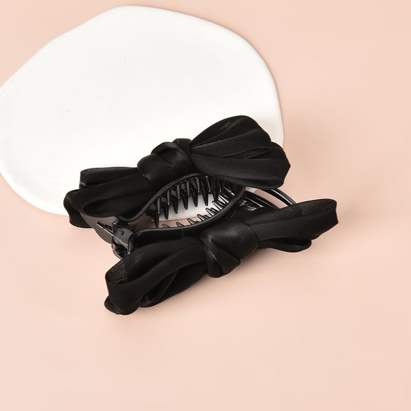 Black Hair Accessories: Silky Satin Banana Hair Clips, Ponytail Holders, Claw Clips, Bun Decorations with Large Bow Knot Barrettes for Women and Girls