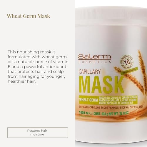 SALERM - Nourishing Hair Mask - 1000 ml - with Wheat Germ - for Dry and Damaged Hair - Deep Hair Hydration - Shine and Brightness - Hair Strengthening