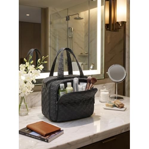 SMONT Hanging Toiletry Bag for Women, Large Waterproof Makeup Organizer with Hook, Travel Cosmetic Bag with Multiple Compartments for Gym, Swim, School, College Dorm Black