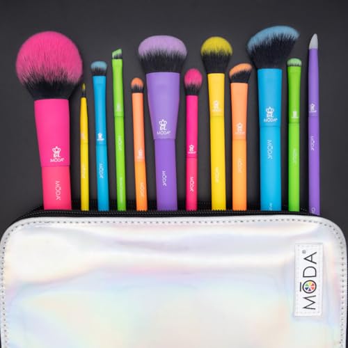 Moda Totally Electric 13pc Full Face Makeup Brush Set ? Bold, Colorful, Vegan Brushes for Face & Eye Makeup, Blending, Contouring, and More