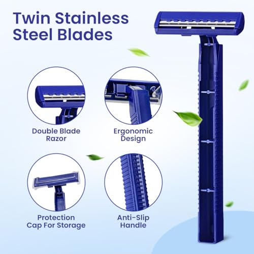 Twin Blade Disposable Razors ? 6 Pack, Individually Wrapped with Safety Caps, Stainless Steel Blades for Men & Women, Ideal for Travel, Hotels, Shelters & Hygiene Kits