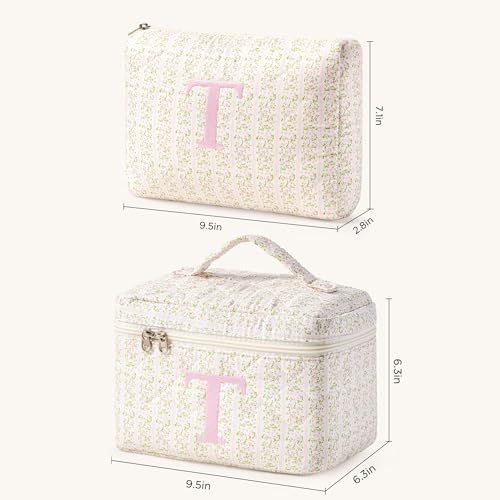 HBselect 2Pcs Initial Quilted Makeup Bag, Pink Cosmetic Travel Toiletry Bag, Flowers Coquette Zipper Make Up Pouch Organizer Teen Girl Gift Trendy Stuff T