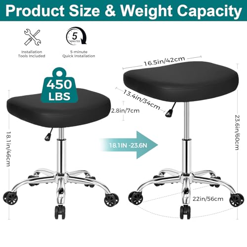 Heavy Duty Rolling Stool 450lb, 22" Metal Base with Wheels