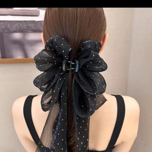 PLwelth Bow Claw Clip Flower Hair Ribbon Claw Black Large Hair Bow Claw for Women Teen Girls Non Slip Hair Accessory for Curly Thin Thick Hair Long Tail Bow Hair Claw for Party Decoration