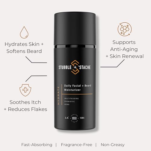 stubble & stache Beard & Face Moisturizer for Men - Hydrating Lotion with Hyaluronic Acid, Niacinamide, Argan Oil, Aloe Vera, Jojoba Oil, & Vitamin A for Dry Skin & Beard Conditioning - 3.4 fl oz