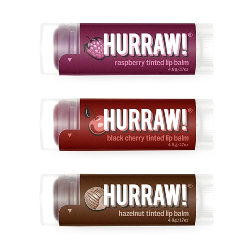Hurraw! Raspberry Tinted, Black Cherry Tinted, Hazelnut Tinted Lip Balms, 3 Pack Bundle: Organic, Vegan, Cruelty & Gluten Free. Non-GMO, 100% Natural. Bee, Shea, Soy & Palm Free. Made in USA