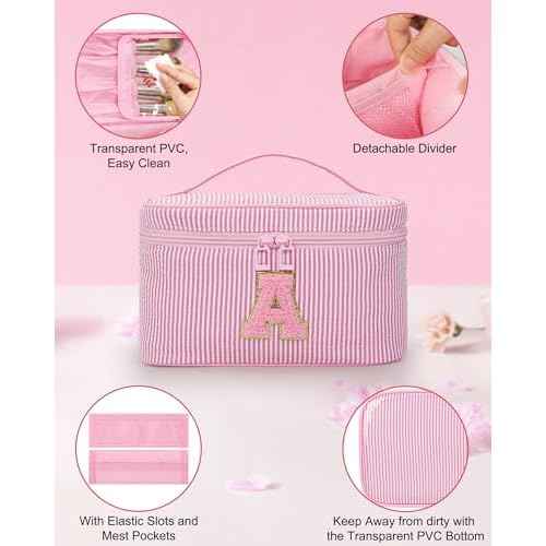 Initial Makeup Bag Set for Girls&Women,Monogram Cosmetic Bag with Brush Holder,Personalized Make Up Case for Girlfriend Graduation Teacher Gifts,Cute Toiletry Bag Preppy Chenille Letter Patch,Pink A