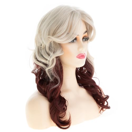 Beweig Blonde to Burgundy Wavy Wig for Women with Bangs - Heat-Resistant Synthetic Costume Hair (Variation: Blonde to Winered)