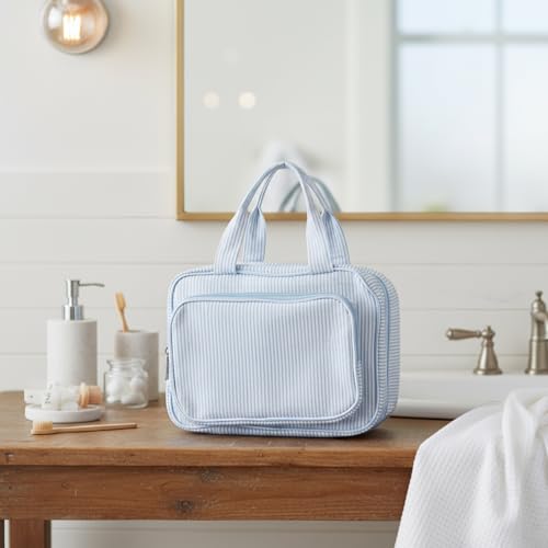 Hanging Toiletry Bag for Women with Detachable Pouch, Travel Toiletry Bag, Travel Size Toiletries, Cosmetic Bags, Seersucker Makeup Bags Gifts for Her Mom Girlfriend Wife Teacher(Blue)