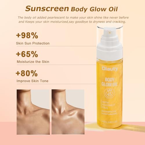 Sunscreen Body Oil,SPF 45,Sun Shield Sheer Body Glow Oil,Lightweight Soft Glowing Lotion,Moisturizing Coconut Oils,Waterproof Non Sticky Shimmer Skin Moisturizer Beach Travel Essentials (#01 Gold)