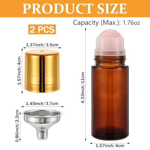 2 Pack 1.7oz Amber Glass Roll-On Bottles with Rose Quartz Roller for Essential Oils & Skincare
