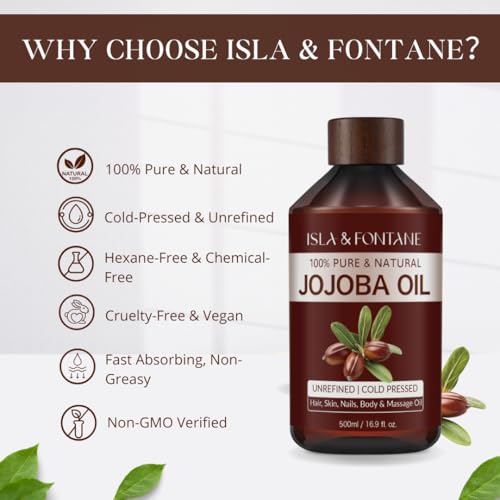 ISLA & FONTANE Jojoba Oil Set ? 17 fl oz (500ml) | 100% Pure & Natural | Golden, Unrefined, Cold Pressed | 2 Dropper Bottles & Massager | Hexane-Free Carrier Oil for Skin, Hair, Face, Nails & Body