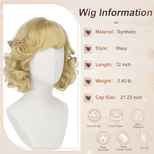 Haloo 12 Inch Light Blonde Short Wig with Bangs - Wavy Curly Synthetic Hair