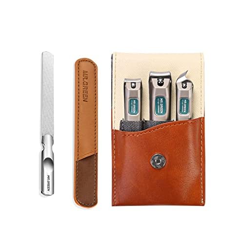 Stainless Steel Nail File with Anti-Slip Handle and Leather Case, 3 pcs Nail Clippers Set Stainless Steel Nail Clippers & Slant EDG Toenail Clipper Cutter