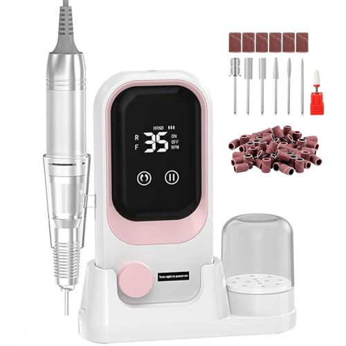 Portable Electric Nail Drill, 35000 RPM Professional Electric Nail File, Cordless Nail Drill with Bits & Base (White & Pink)
