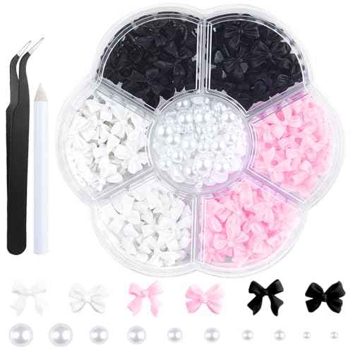 300Pcs 3D Bow Nail Charms and Flatback Pearls Set,Black White Pink Bowknot,Bow-Knot Nail Stud Rhinestones Crystal,Nail Art Charms,Nail Art Supplies,for Manicure DIY,Nail Art Design,Jewelry Decoration