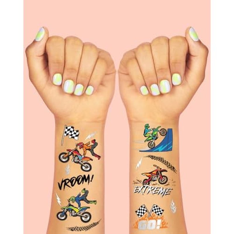 xo, Fetti Dirt Bike Temporary Tattoos Party Decorations - 48 Silver Foil | Birthday Party Decorations, Motocross Accessory, Motorcycle Theme Favor, Boys Bicycle Gift + Supplies, Checker Flag D?cor