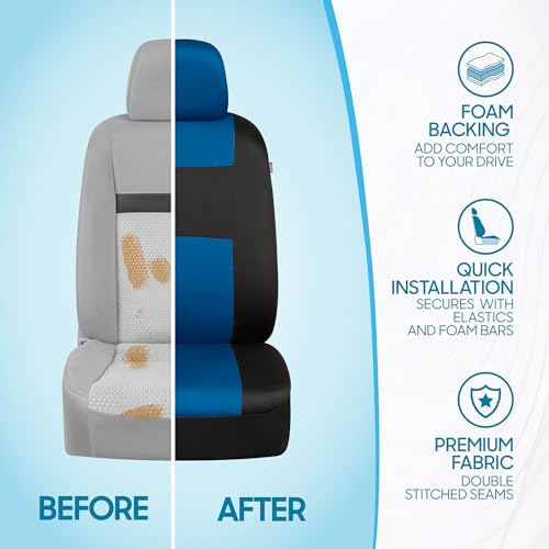 BDK PolyPro Car Seat Covers Full Set in Blue on Black – Front and Rear Split Bench Seat Covers, Easy to Install, Car Accessories for Auto Trucks Van SUV