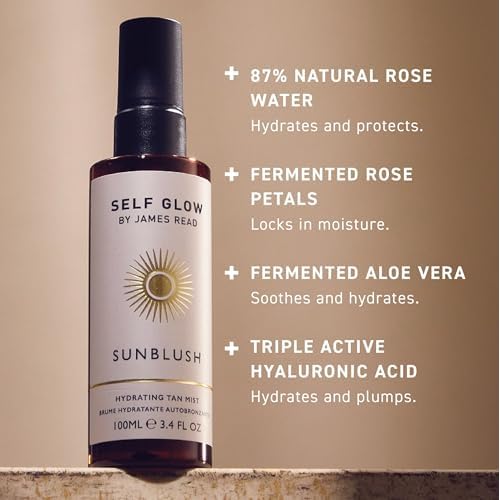 Self Glow by James Read - Sunblush Hydrating Tan Mist with Rosewater | Gradual Tanner to Plump + Tone | Lightweight, Buildable | Non-Allergen Fragrance, Non-Drying Alcohol (100mL | 3.4 fl oz)