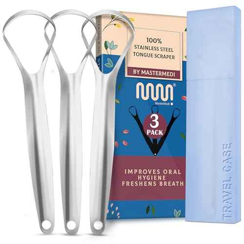 MasterMedi Tongue Scraper for Adults, 100% Stainless Steel for Bad Breath, Easy to Use, Tongue Cleaner for Oral Care (Pack of 3 with 1 Case)