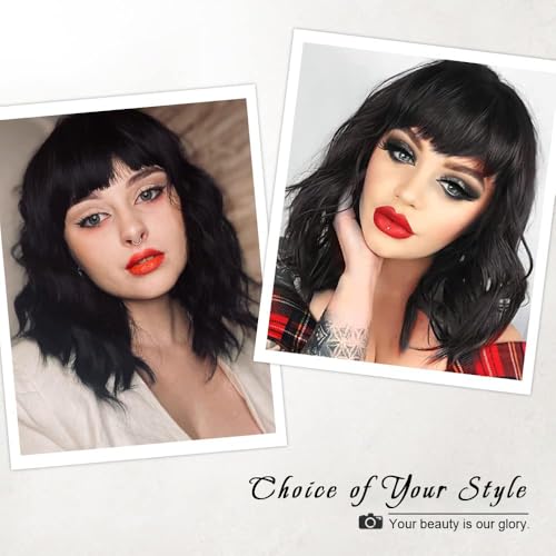 AISI HAIR Bob Curly Wig 14 inch Black Synthetic with Bangs