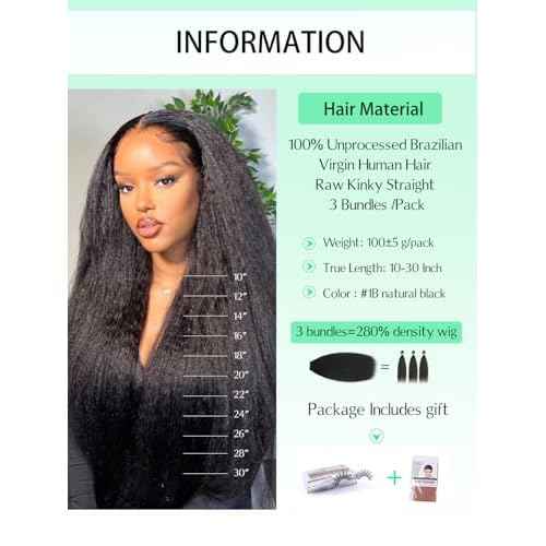 Raw Bundles Human Hair Kinky Straight Bundles 12 14 16 Inch 100% Unprocessed Brazilian Hair 16A Double Weft Kinky Straight 3 Bundles Deals Human Hair Natural Black