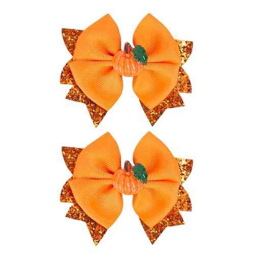 Thanksgiving Pumpkin Hair Bows for Girls, Orange Fall Hair Clips Handmade Grosgrain Hair Bow Metal Alligator Clips Hair Accessory for Thanksgiving Fall Holiday Halloween Festive