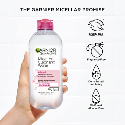 Garnier SkinActive Mizellenwasser für alle Hauttypen, Gesichtsreiniger und Make-up-Entferner, 13,5 Fl Oz (400 ml), 1 Stück (Verpackung kann variieren)