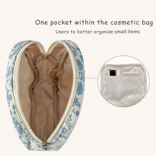 Small Quilted Cosmetic Pouch for Purse, Mini Cotton Makeup Bag with Compartments, Cute Zipper Lipstick Holder for Women (03White Bow)