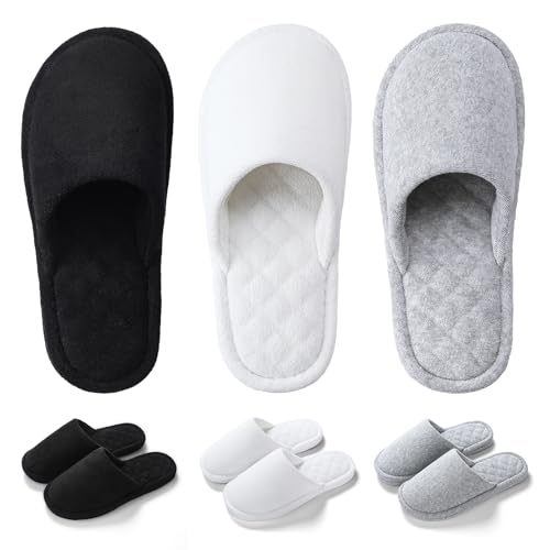 3 Pairs Closed-Toe Cotton Terry House Slippers, Comfortable Washable Indoor Slippers for Women, Portable Foldable for Guest, Travel, Hotel and Spa