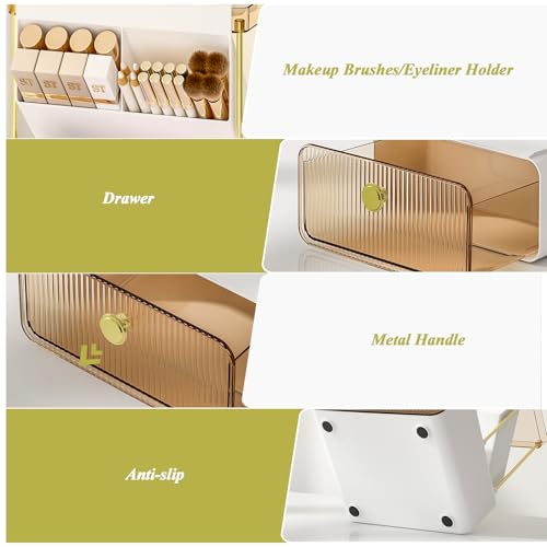 FOLLOWIN 3-Tier Makeup Organizer with Drawer - Amber Vanity Storage