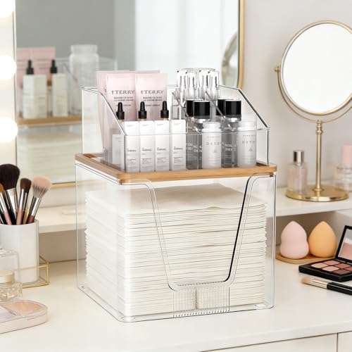 Disposable Facial Towel Holder & Cosmetic Organizer with Bamboo Lid