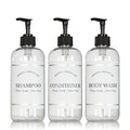 Clear Refillable Shampoo and Conditioner Bottles - Body Wash, Shampoo and Conditioner Dispenser - PET Plastic Shampoo Bottles Refillable with Pump - Waterproof Labels - 16 oz, 3 Pack (Black Plastic)