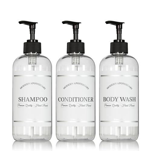 Clear Refillable Shampoo and Conditioner Bottles - Body Wash, Shampoo and Conditioner Dispenser - PET Plastic Shampoo Bottles Refillable with Pump - Waterproof Labels - 16 oz, 3 Pack (Black Plastic)
