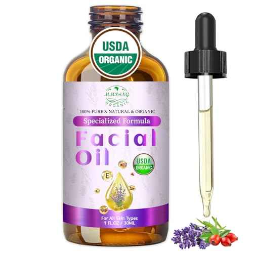 Organic Face Oil with Lavender, Rosehip, Frankincense, Pomegranate & Vitamin E - USDA Certified Cold Pressed 100% Natural Anti-Aging Facial Oil for Moisturizing, Brightening - 1oz / 30ml