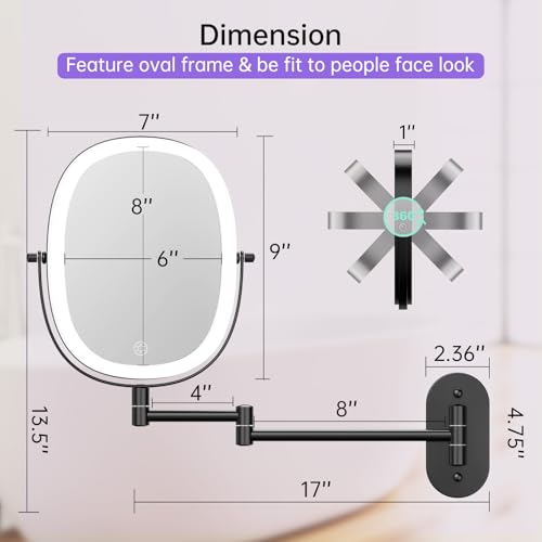 FUNTOUCH Wall Mounted Makeup Mirror with Light, Oval Rechargeable Double-Sided 7X/1X Magnifying Mirror, Vanity Mirror Dimmable 3 Color Light, 360¡Æ Extension Rotation Foldable 13.5 in
