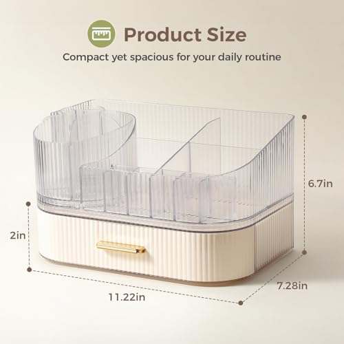 Delamu Makeup Organizer for Vanity with Stackable Drawers, 360 Rotating Makeup Brush Holder Large Cosmetic Display Case, Bathroom Skincare Storage, Elegant White, Ideal Christmas Gifts for Girls