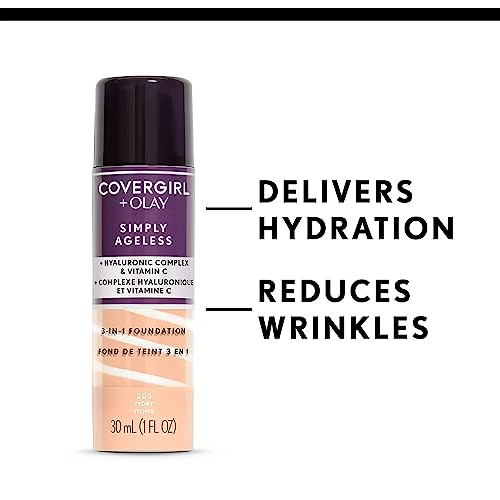 CoverGirl & Olay Simply Ageless 3-in-1 Liquid Foundation, Matte Finish, Hyaluronic & Vitamin C Formula, Cruelty Free, Soft Honey, 1 Count