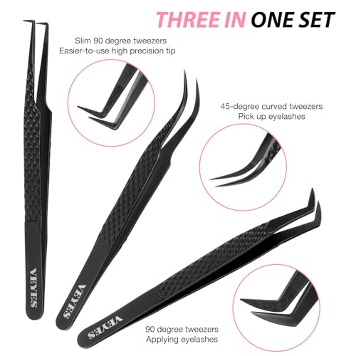 VEYES INC Lash Tweezers for Eyelash Extensions 3-Piece Set