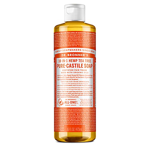 Dr. Bronner's - Pure-Castile Liquid Soap (Tea Tree, 16 ounce) - Made with Organic Oils, 18-in-1 Uses: Acne-Prone Skin, Dandruff, Laundry, Pets and Dishes, Concentrated, Vegan, Non-GMO