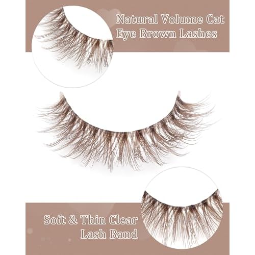 outopen 10 Pairs Brown Lashes Natural Look Cat Eye Brown Eyelashes Wispy Clear Band Eye Lash Short Fake Eyelash